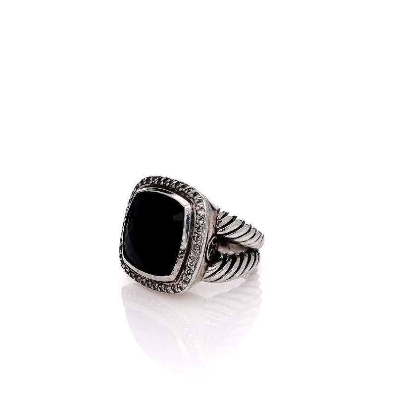 women's double band rings -Estate David Yurman Sterling Silver Split Shank Onyx and Diamond Albion Ring