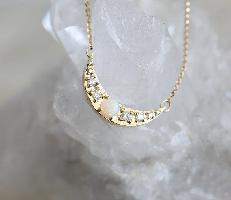 women's elegant gold necklaces -Gold Crescent Moon Necklace with Opal and Side Diamonds