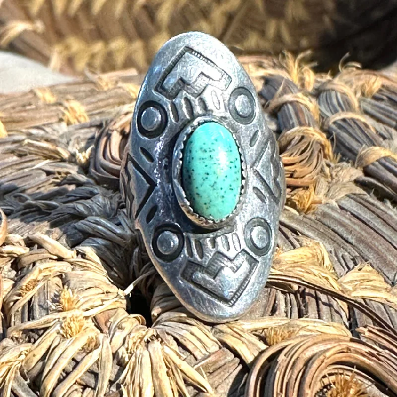 women's trendy rings -Old Navajo Stamped Sterling Silver Long Ring Turquoise Size 2 1/2