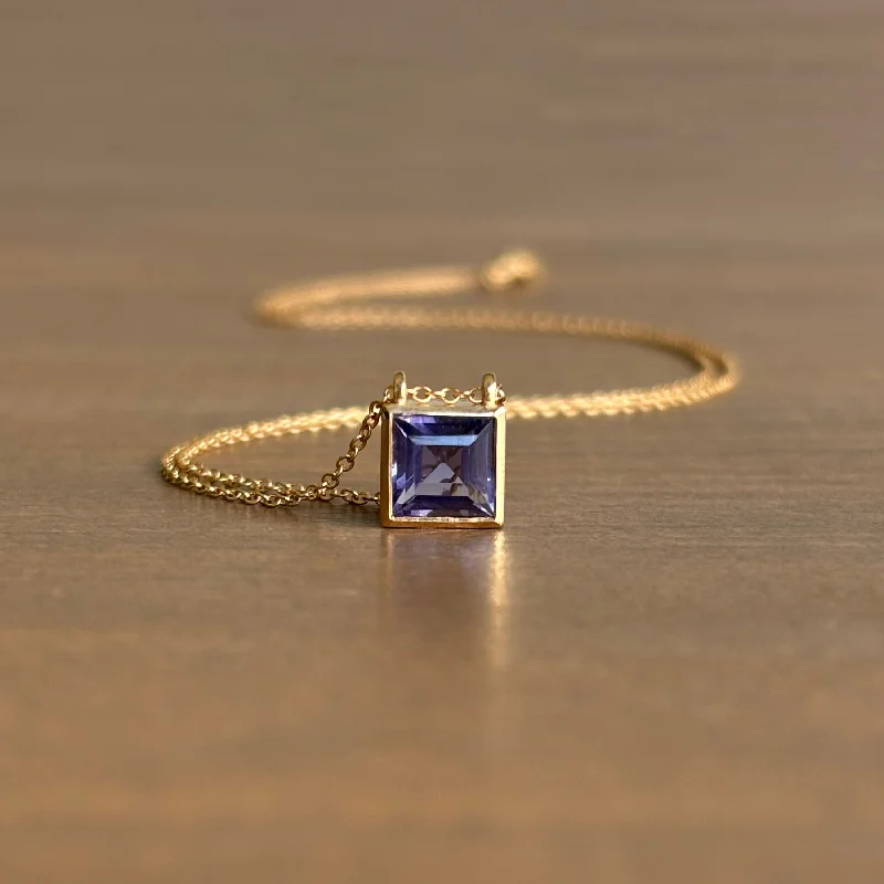 women's spiritual crystal necklaces -Iolite Square Solitaire Story Necklace