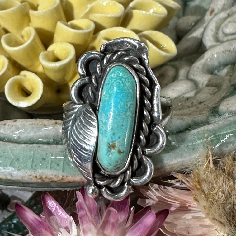 women's custom wedding rings -Sterling Silver One Feather Ring Pale Blue Turquoise Size 6 M. Weahkee