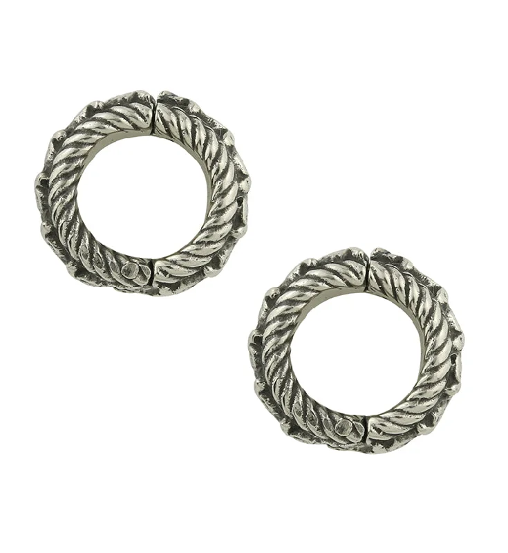 women's stacked bangles set -Fiber White Brass Hinged Stretched Lobe Cuffs