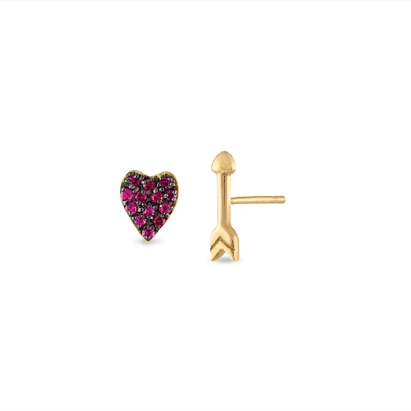 women's chandelier earrings -Pave Ruby Heart and Arrow Studs