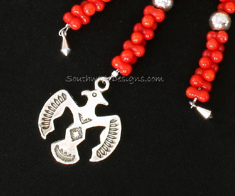 women's anniversary rings -Stainless Steel Key Ring with 3 Strands of Bamboo Coral, Sterling Silver Thunderbird and Kite Charms, and Sterling Rounds