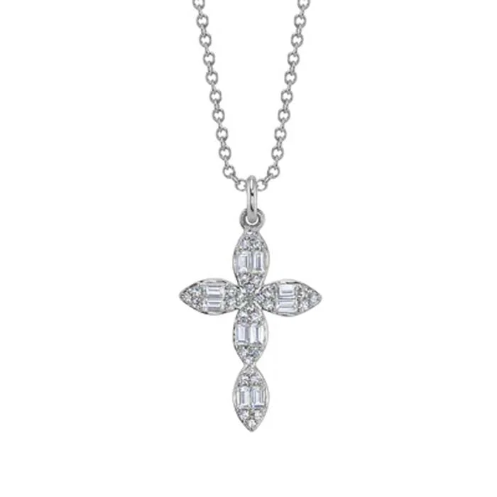 women's lotus flower necklaces -Shy Creation .30CTW Diamond Baguette Cross Necklace in 14K White Gold