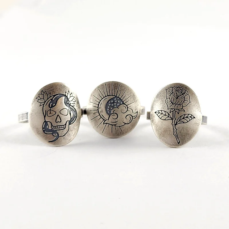 women's silver stackable rings -Recycled Coin Silver Mystic Tattoo Engraved Saddle Ring