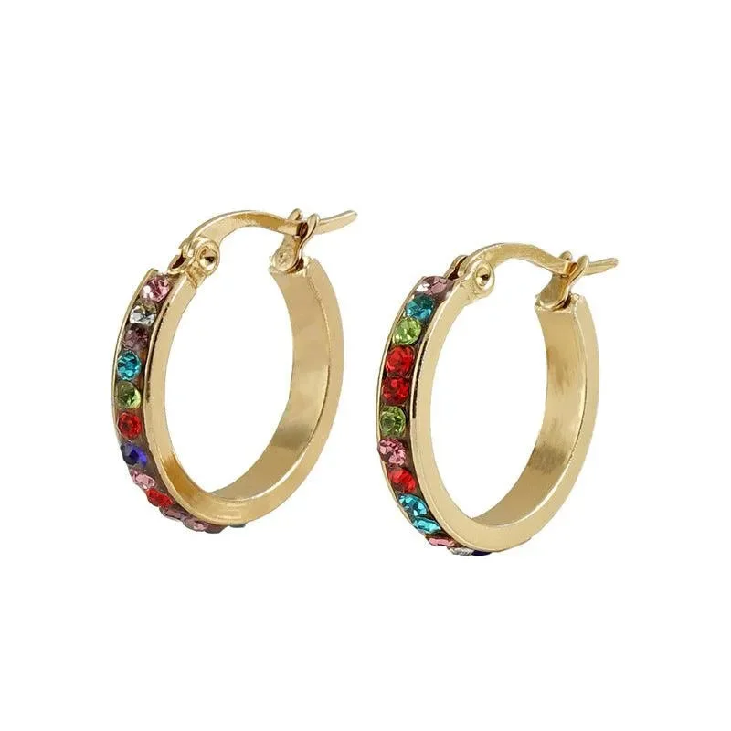 women's hoop earrings -Rhinestone Gold Hoop Earrings – 18K Gold Plated with Multicoloured Sparkling Stones