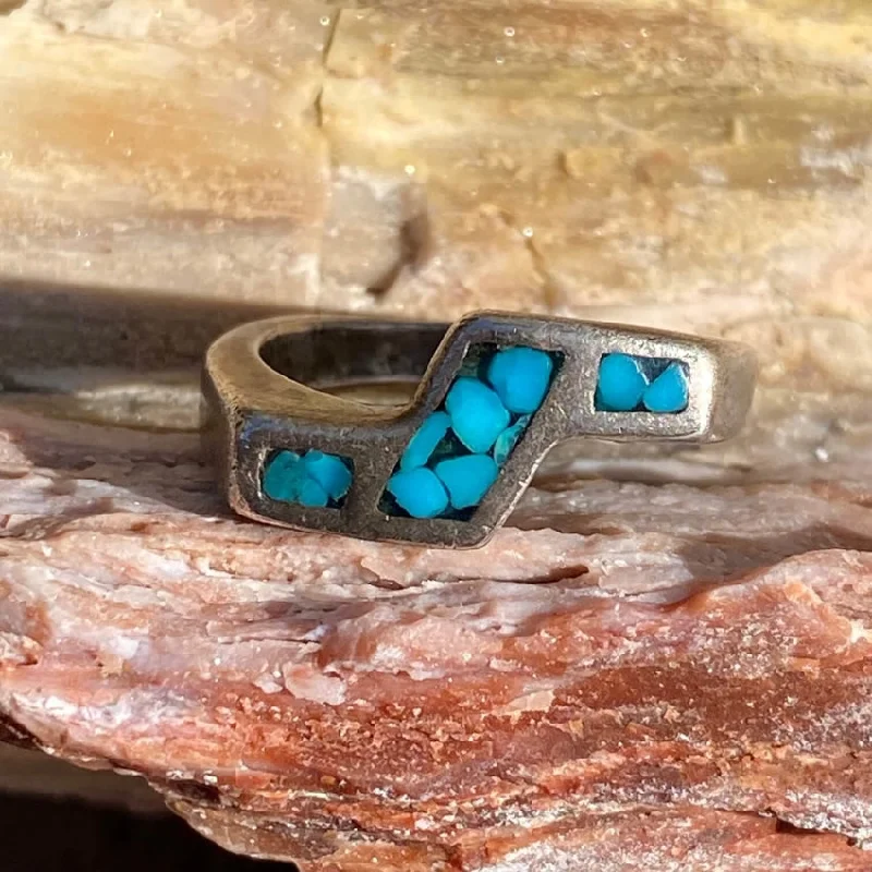 women's silver rings -Vintage Turquoise Chip Mosaic Lightning Ring 4 Sterling