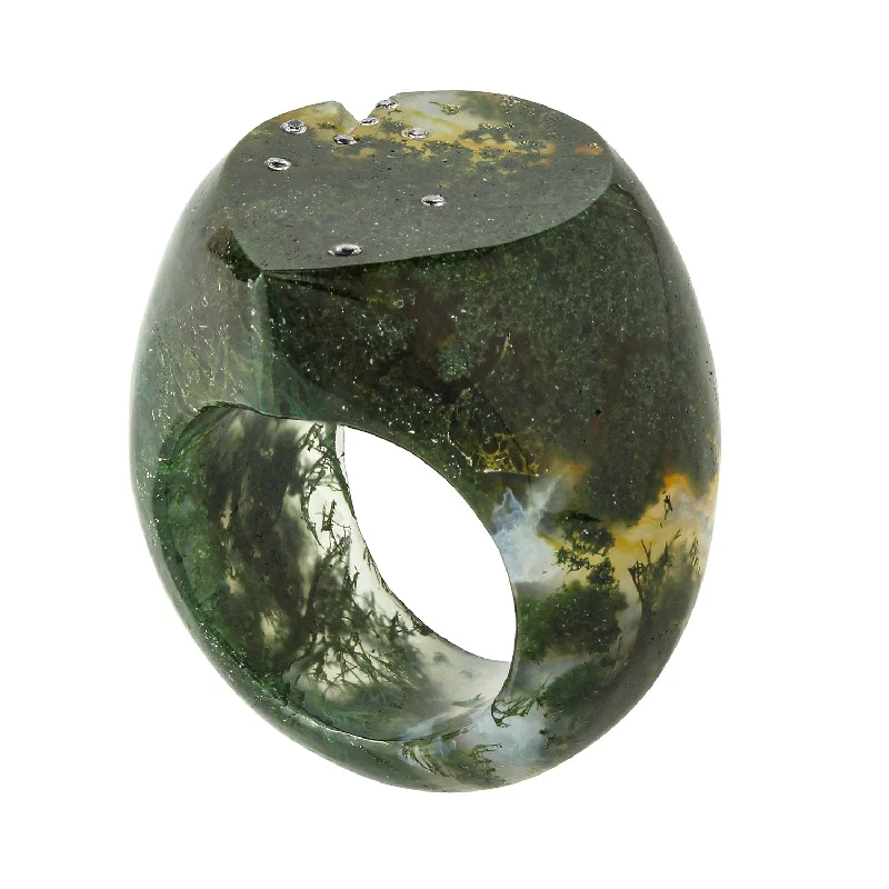 women's adjustable rings -Celestial Moss Agate Signet Ring - Wide