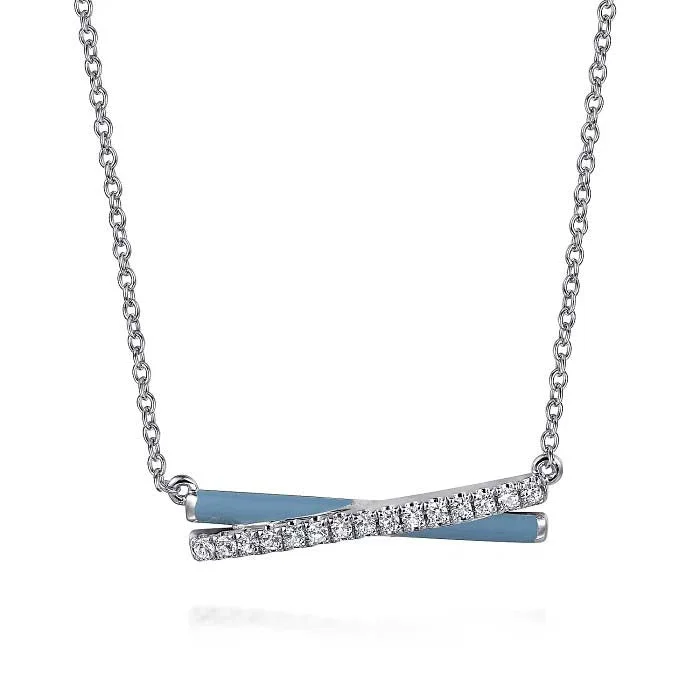 women's silver necklaces -Gabriel White Sapphire and Baby Blue Enamel Crossover Necklace in Sterling Silver