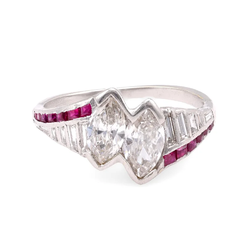 women's butterfly necklaces -Art Deco Diamond Ruby Platinum Two Stone Ring