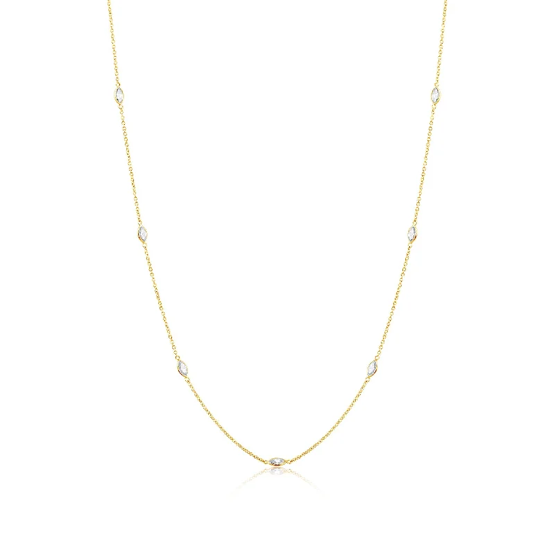 women's wedding necklaces -Diamond Marquise Station Necklace In 18K Yellow Gold