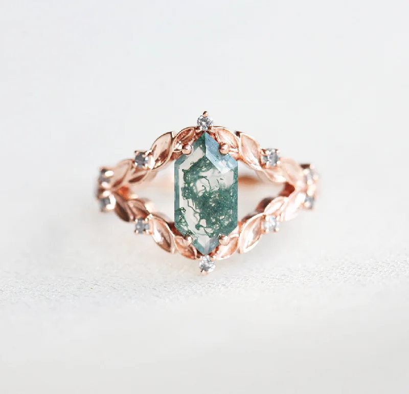 women's chunky chain necklaces -Meredith Hexagon Moss Agate Ring with Salt & Pepper Diamonds