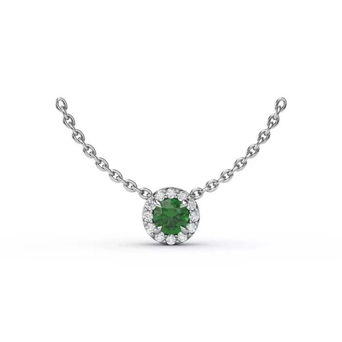 women's beaded necklaces -Fana Emerald and Diamond Halo Pendant Necklace in 14K White Gold