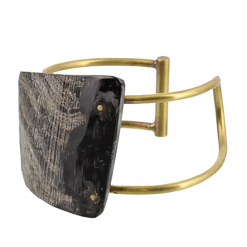 women's bridal bangles -Bayan Wire Cuff with Quadrilateral Horn - Dark Horn, Brass