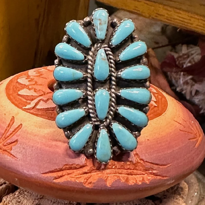 women's floral engagement rings -Vintage Navajo Sterling Silver Turquoise Rosette Flower Ring 9 3/4