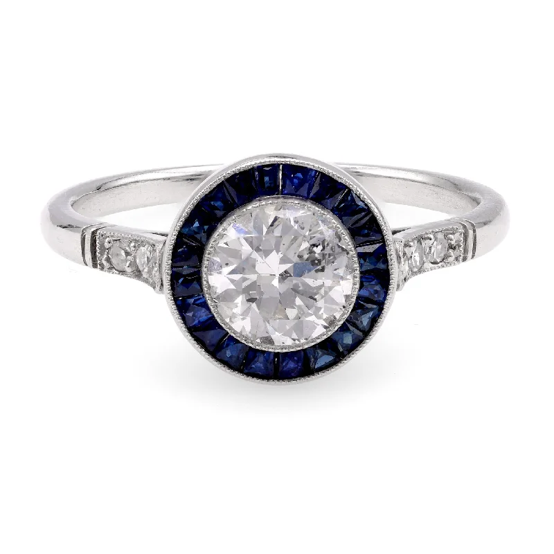 women's vintage necklaces -Art Deco Inspired 0.81 Carat Diamond Sapphire Platinum Target Ring