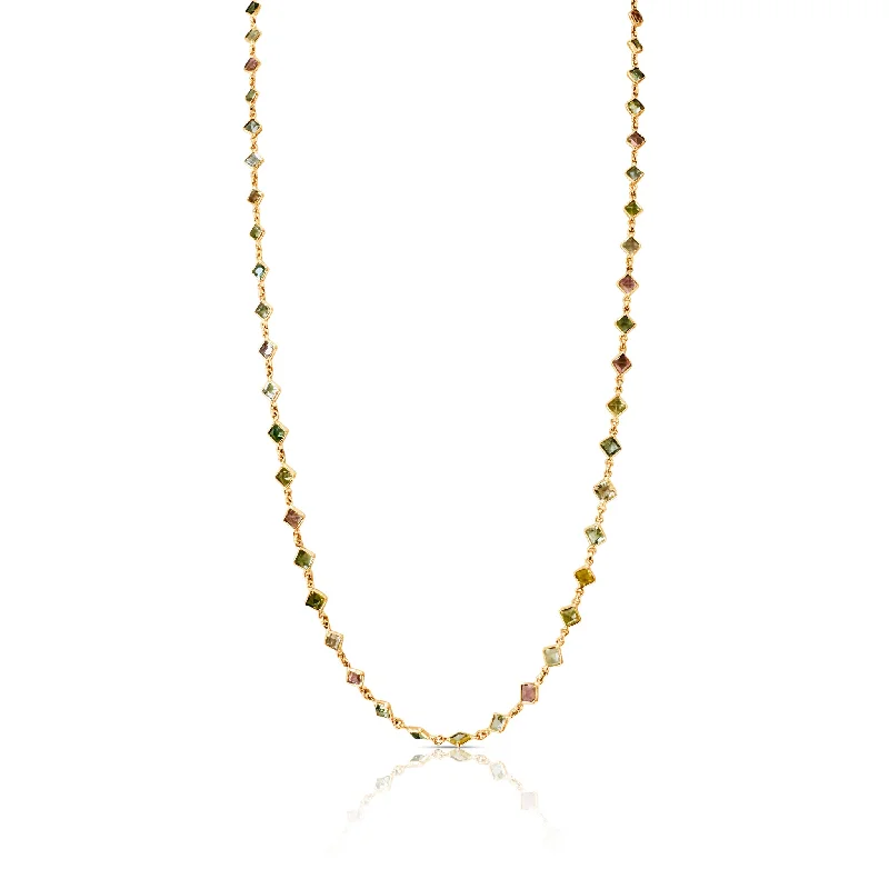 women's holiday necklaces -Multicolor Stone Princess Cut Link to Link Necklace In 18K Yellow Gold