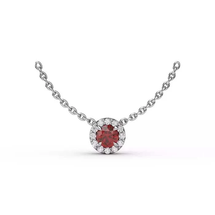 women's matching necklace sets -Fana Ruby and Diamond Halo Pendant Necklace in 14K White Gold