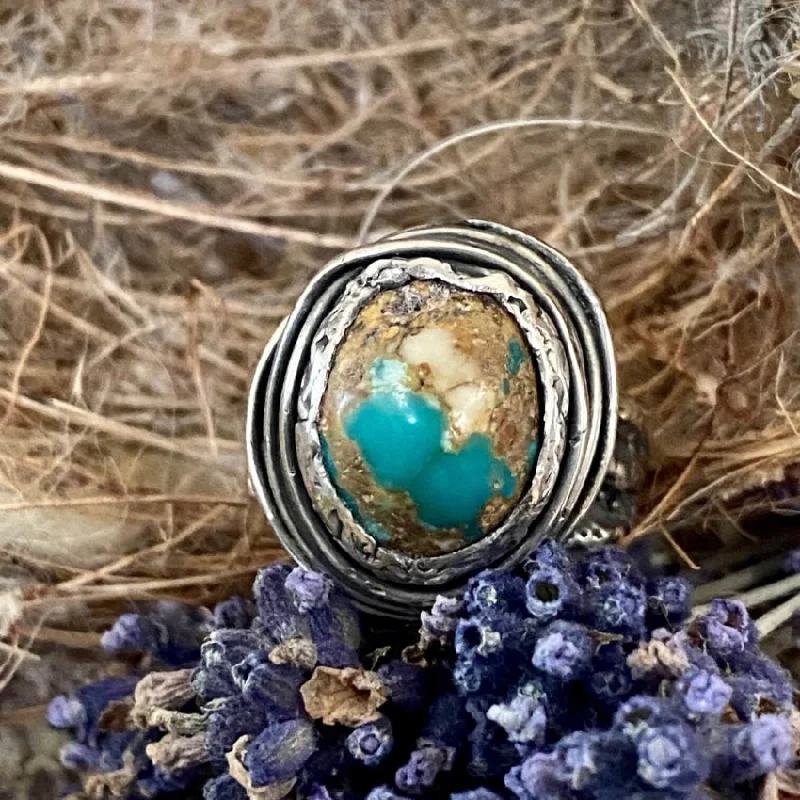 women's vintage rings -Vintage Lost Wax Sterling Turquoise Bird Nest Ring 7