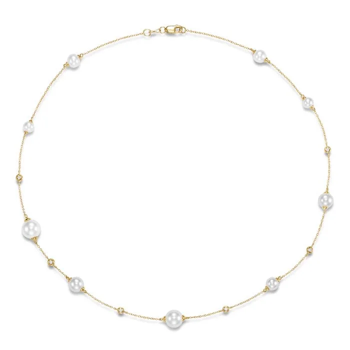 women's spiritual necklaces -Mastoloni 18" Aida Necklace with Freshwater Cultured Pearls and Diamond Station Set Necklace in 14K Yellow Gold