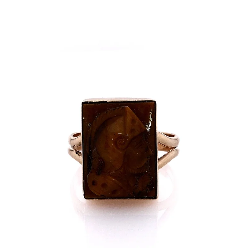 women's stackable rings -Estate 14k Yellow Gold Carved High Relief Tiger's Eye Intaglio Ring