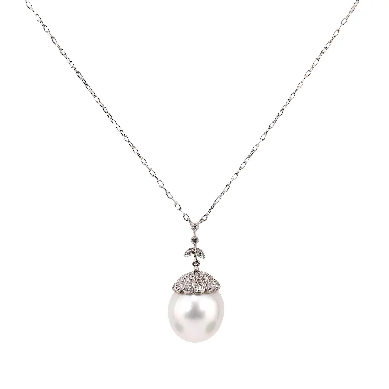 women's fashion necklaces -Edwardian inspired large pearl diamond platinum necklace