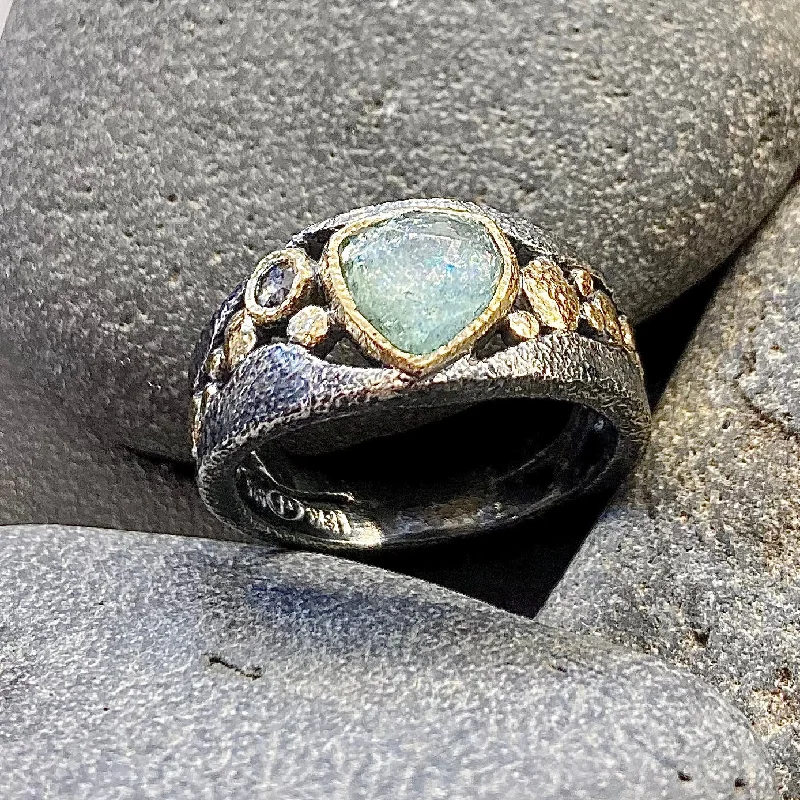 women's luxury gold bands -One of a Kind Faceted Blue Green Tourmaline with Salt and Pepper Diamond, 18K Gold River Pebbles Textured Oxidized Sterling Silver Stream Ring