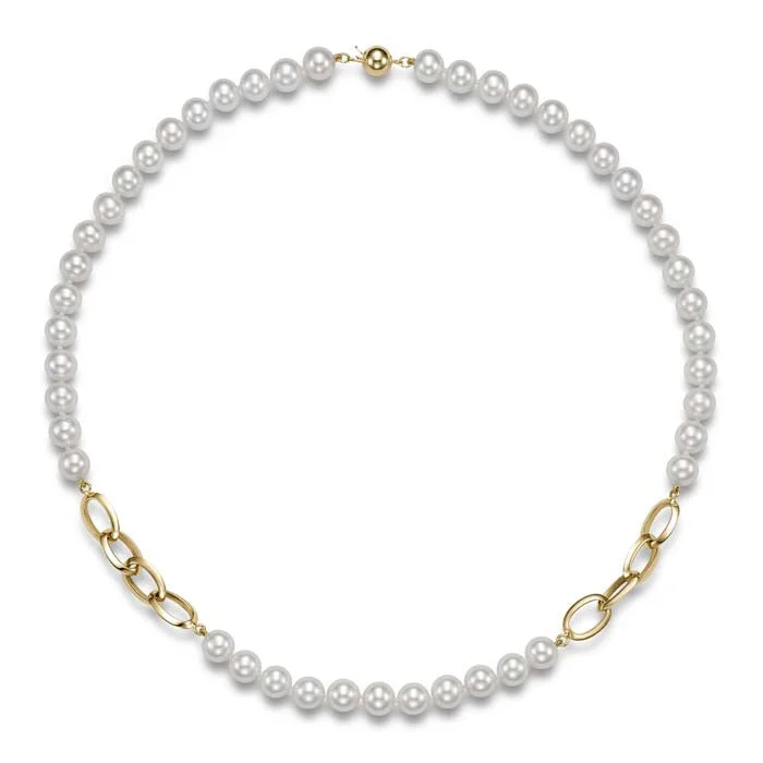 women's anniversary necklaces -Mastoloni 18" 7.5-8mm Freshwater Cultured Pearl Link Necklace in 14K Yellow Gold