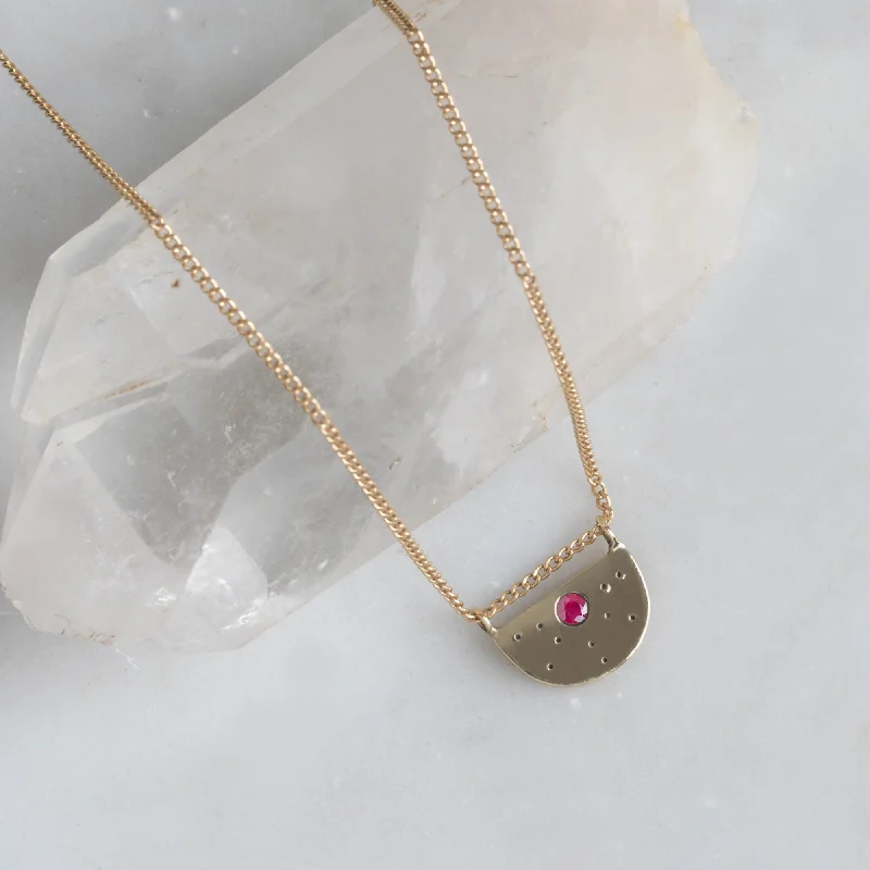 women's long gold necklaces -The Ruby Half Moon Stardust Necklace | 14K Yellow Gold