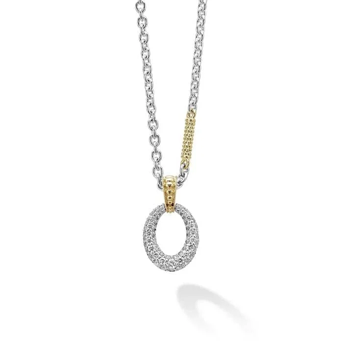 women's dainty necklaces -LAGOS Two Tone Oval Diamond Caviar Pendant Necklace in Sterling Silver and 18K Yellow Gold