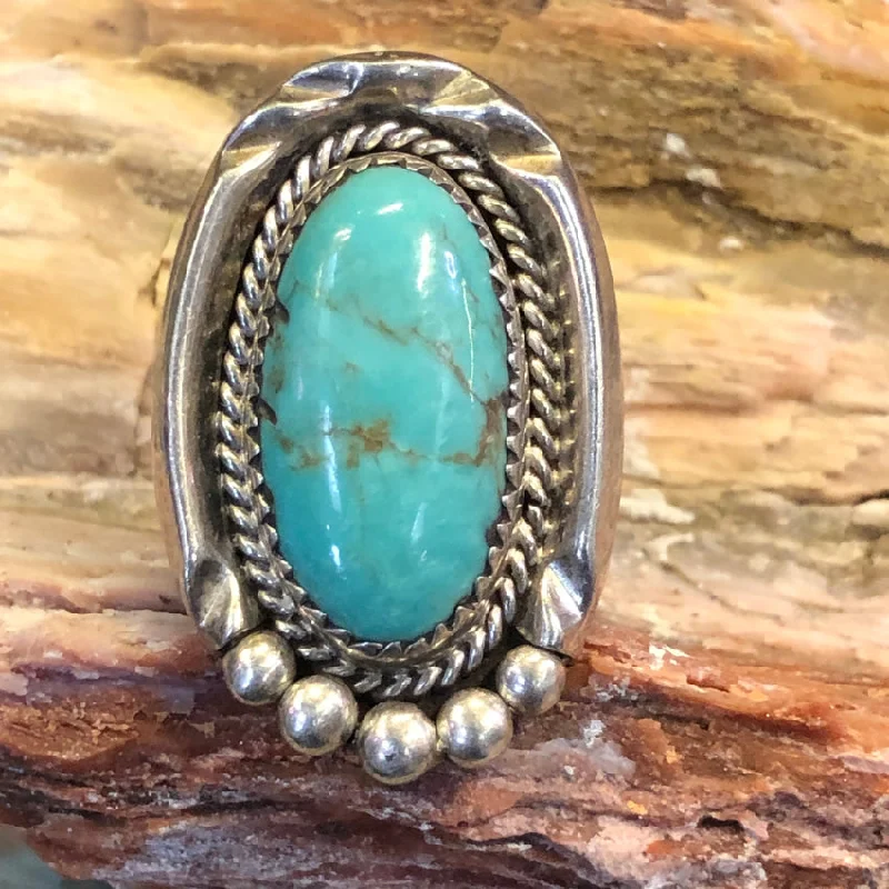 women's sterling silver wedding bands -Vintage Navajo Sterling Silver Turquoise  Ring Size 7 Bernice Bonney