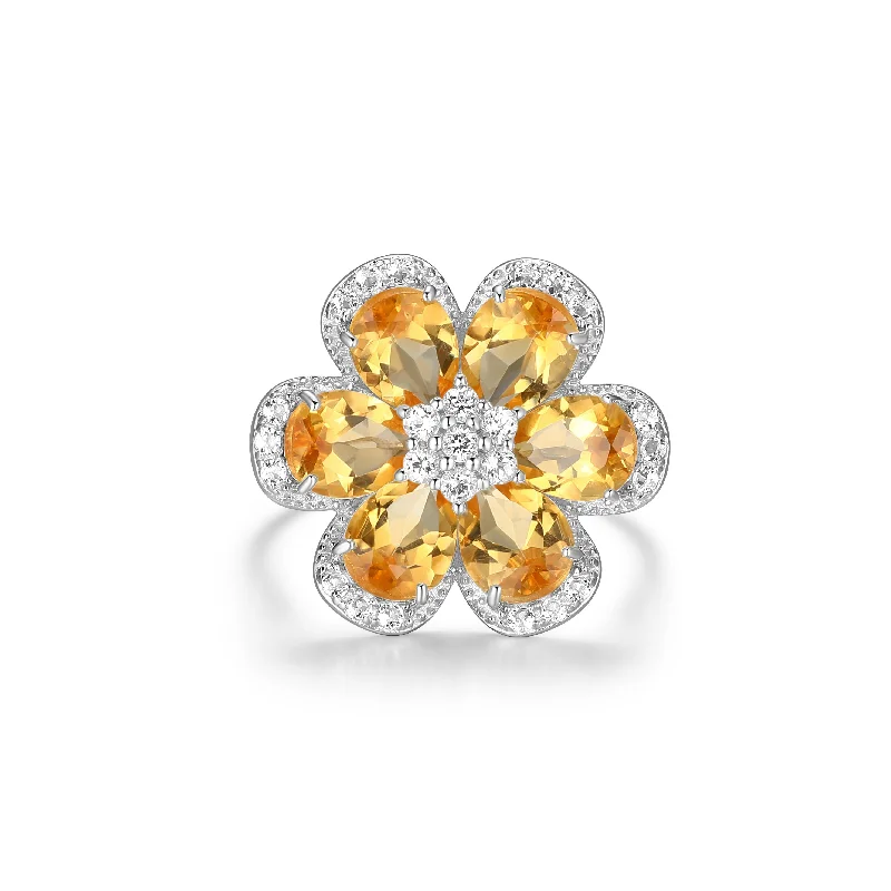 women's polished rings -Sterling Silver Citrine White Topaz Flower Ring