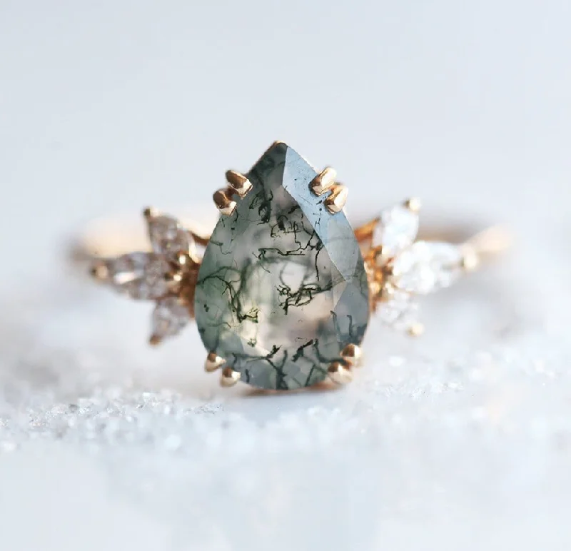 women's spiritual necklaces -Eleanor Pear Moss Agate and Diamond Ring