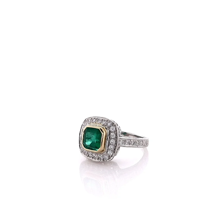 women's polished rings -Estate Two-Tone Emerald Cut Emerald and Diamond Hand Engraved Ring