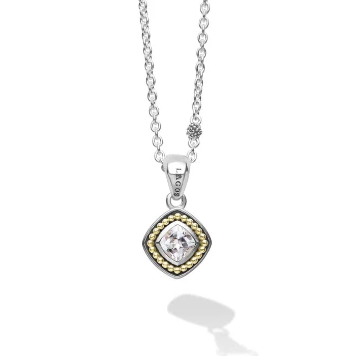 women's bridal necklaces -LAGOS White Topaz Caviar Color Pendant Necklace in Sterling Silver and 18K Yellow Gold