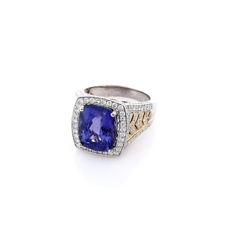 women's silver rings -Estate 18 Karat Two-Tone Cushion Cut Tanzanite and Diamond Shank Ring