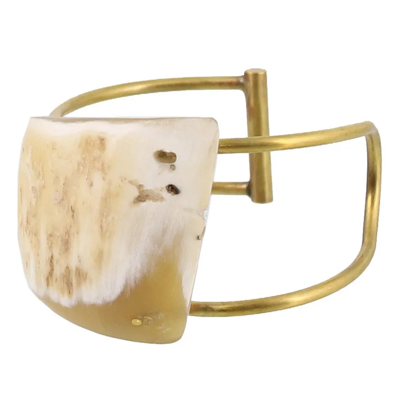 women's gold-plated bracelets -Bayan Wire Cuff with Quadrilateral Horn - Light Horn, Brass