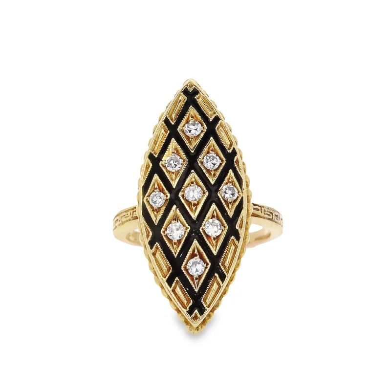 women's bridal rings -Estate 14k Yellow Gold Diamond and Black Enamel Cocktail Ring