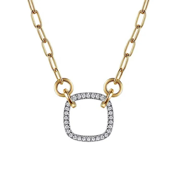 women's beaded necklaces -Gabriel & Co. Contemporary Open Cushion Shape Diamond Hallow Paper Clip Necklace in 14K White and Yellow Gold