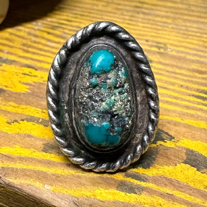 women's ruby rings -Vintage Navajo Turquoise Pyrite Sterling Silver Ring Size 7.25