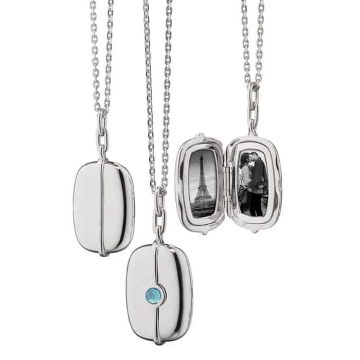 women's lotus flower necklaces -BT Blue Topaz Rectangle Locket Necklace in Sterling Silver - Rectangular Locket w/ 3mm Rose Cut Blue Topaz bezel set in center, 22" 1.1mm Curb Chain w/ Lobster Clasp & jump ring at 20", Locket is 1" x 5/8" and holds 2 photos