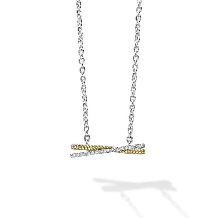 women's elegant gold necklaces -LAGOS Two Tone X Diamond Caviar Necklace in Sterling Silver and 18K Yellow Gold