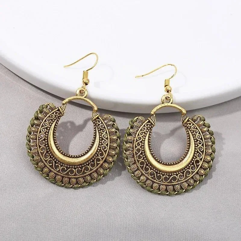 women's long dangling earrings -Bohemian Gold-Tone Drop Earrings with Geometric Patterns