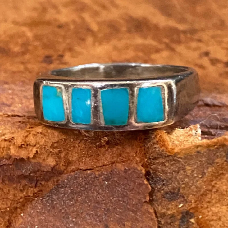 women's gemstone wedding rings -Rustic Old Navajo Sand Cast Sterling Silver Turquoise Ring 6 3/4