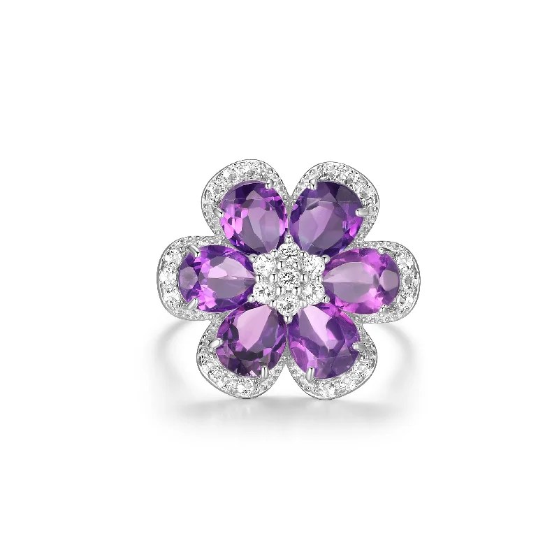 women's creative design rings -Sterling Silver Amethyst White Topaz Flower Ring