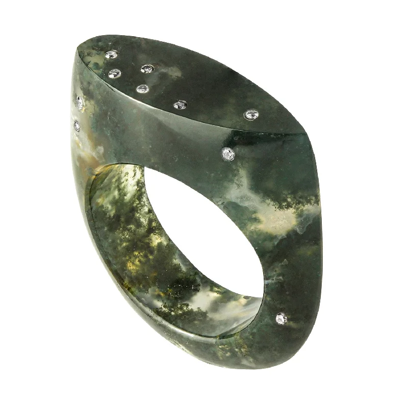 women's fashion rings -Celestial Moss Agate Signet Ring - Narrow