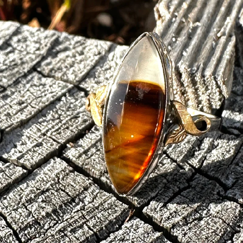 women's sterling silver fashion rings -Vintage Sterling Silver Root Beer Picture Agate 10K GF Ring Size 6 3/4