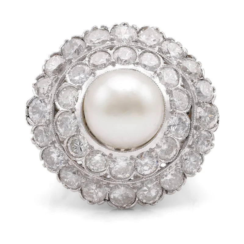 women's luxury gold necklaces -Art Deco Pearl Diamond 14K White Gold Cluster Ring