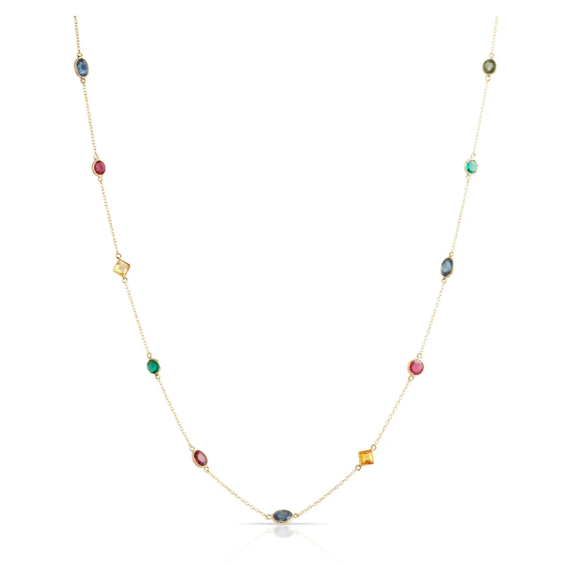 women's pearl choker necklaces -Multicolor Stones Mix shape Necklace  In 18K Yellow Gold